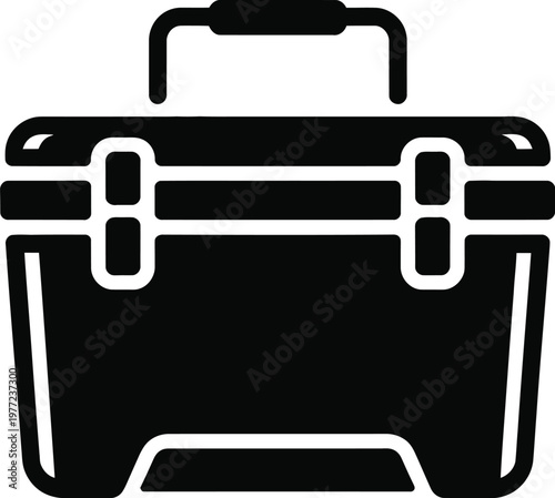 Black silhouette icon of a portable cooler box with handle and latches ice chest container