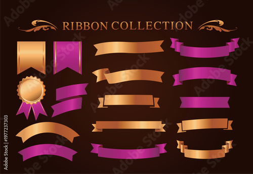 リボンの装飾デザインセットとアンティークな罫線やフレームデザイン
