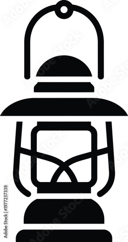 Black silhouette icon of a vintage oil lantern with a handle and glass chimney oil lamp retro