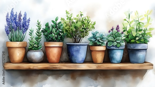 Potted plants on shelf terracotta background