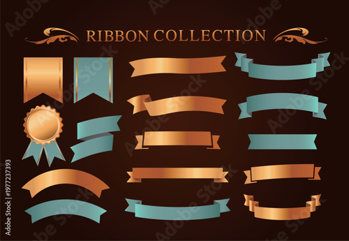 リボンの装飾デザインセットとアンティークな罫線やフレームデザイン
