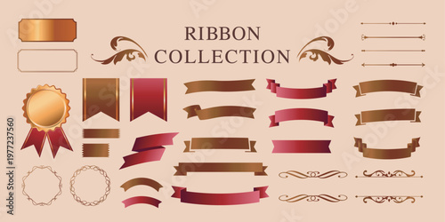 リボンの装飾デザインセットとアンティークな罫線やフレームデザイン
