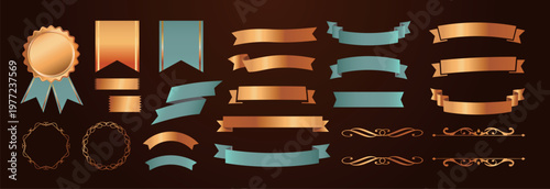 リボンの装飾デザインセットとアンティークな罫線やフレームデザイン
