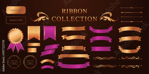 リボンの装飾デザインセットとアンティークな罫線やフレームデザイン
