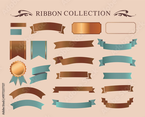 リボンの装飾デザインセットとアンティークな罫線やフレームデザイン
