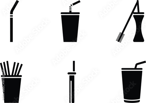 Collection of black beverage and cosmetic icons on white background straw drinking straw