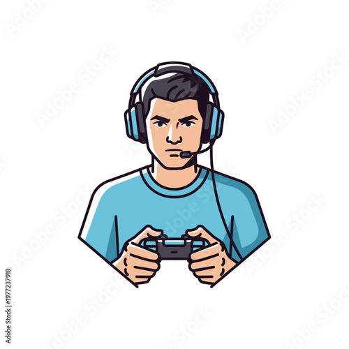 Gamer with Headset and Controller Playing Video Game