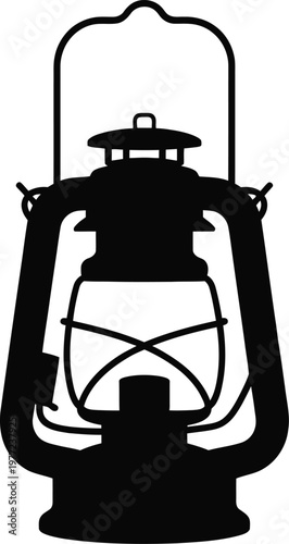 Detailed black silhouette of an antique kerosene hurricane lantern with handle Keywords: lantern