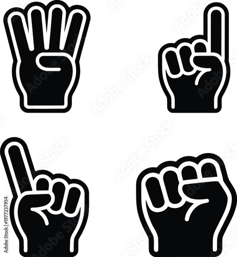 Four Black Foam Fingers and Fist Icons on White Background hand gesture