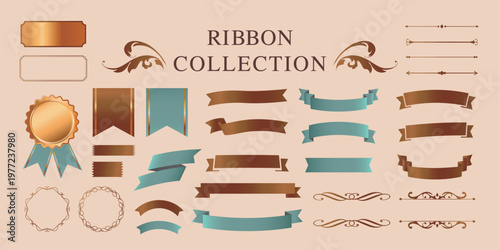 リボンの装飾デザインセットとアンティークな罫線やフレームデザイン
