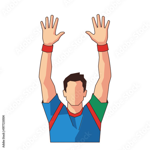 Man raising hands up, sports referee signal, victory, success, announcement, isolated on white