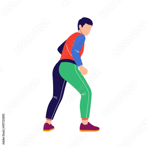 Man with colorful athletic wear walking, looking over shoulder, modern flat illustration
