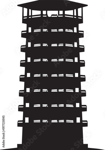 Black silhouette of a multi-level observation tower with a railed balcony, isolated on transparent background