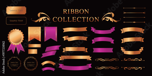 リボンの装飾デザインセットとアンティークな罫線やフレームデザイン
