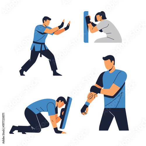 Martial Arts Training: Karateka Practicing Kicks and Punches with Training Pads