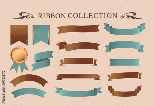 リボンの装飾デザインセットとアンティークな罫線やフレームデザイン
