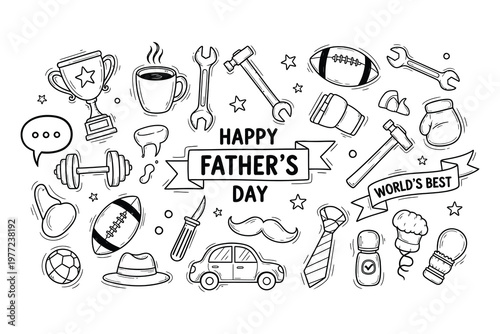 Happy Father's Day doodle tools, coffee, and dad's essentials