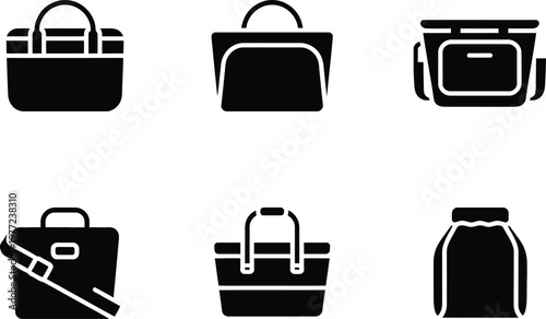 Six Black Bag Icons With Various Designs On White Background symbol luggage