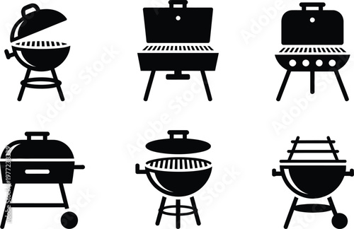 Six Black Barbecue Grill Icons With Different Styles collection