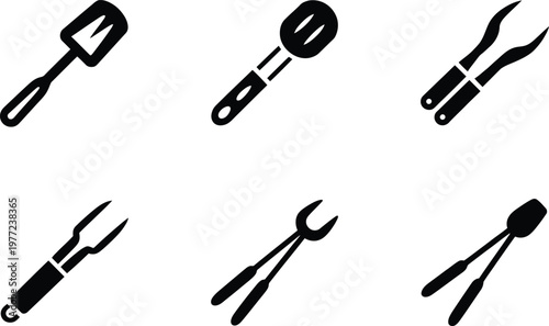 Six black barbecue utensil icons in a grid on a white background grill tool