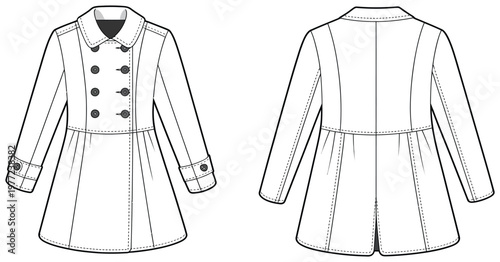 Women's coat technical fashion sketch with front and back view, double breasted design, princess seams, garment CAD drawing and flat vector illustration for apparel design and production
