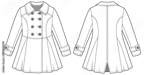 Women's coat technical fashion sketch with front and back view, double breasted design, princess seams, garment CAD drawing and flat vector illustration for apparel design and production