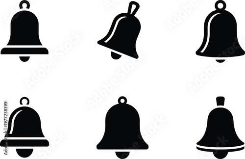 Six Black Bell Icons With Different Styles On White Background symbol notification