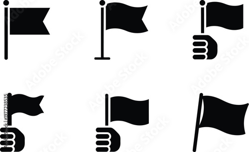 Six Black Flag Icons Showing Different Styles And Hand Grips On White symbol banner