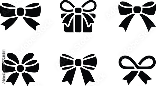 Six Black Icons Of Bows And Ribbons On White Background gift present