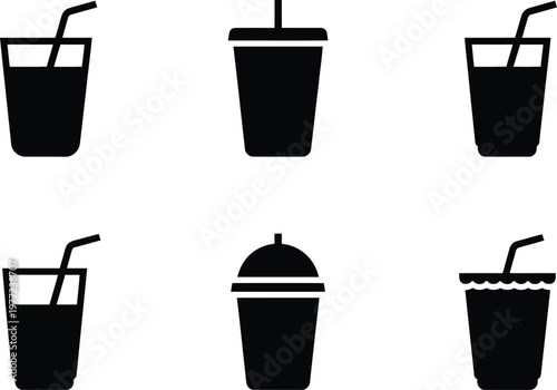 Six black icons of disposable cups and glasses for beverages with straws drink