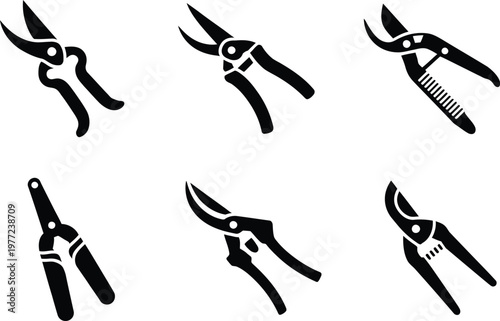 Six black icons of different types of pruning shears on a white background secateurs garden shears