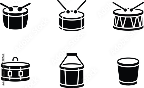 Six black icons of drums and percussion instruments on white Keywords: drum, percussion
