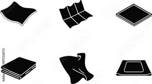 Six Black Icons of Folded and Unfolded Fabrics on White Background cloth textile