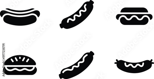 Six black icons of hot dogs and burgers on white background Keywords: hot dog, burger, sausage