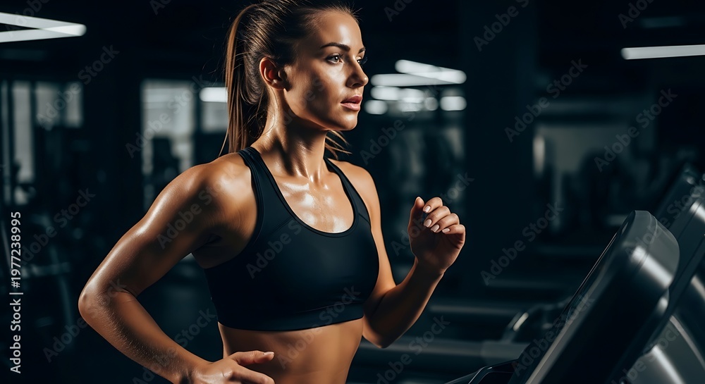 Fototapeta premium Determined woman running on treadmill in modern gym setting.