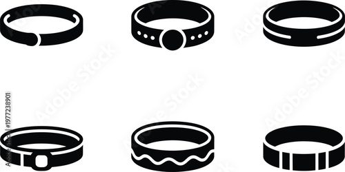 Six black icons of pet collars with different buckle and design elements accessory