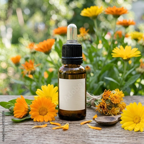 Calendula Oil in Amber Bottle with Fresh Flowers on Wooden Table in Garden Setting