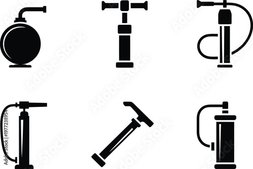 Six black icons of various bicycle and tire pumps on a white background bicycle pump inflation
