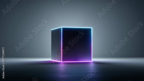 Minimal glowing cube isolated on neutral gray backdrop with soft lighting in a simple studio setup