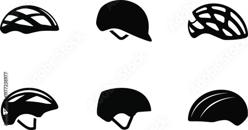 Six black icons of various bicycle helmets on a white background cycling helmet safety helmet