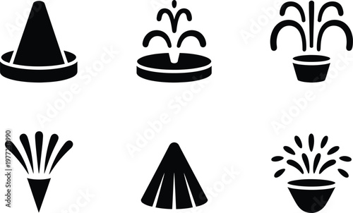 Six black icons representing different types of fountains and water sprays vector illustration