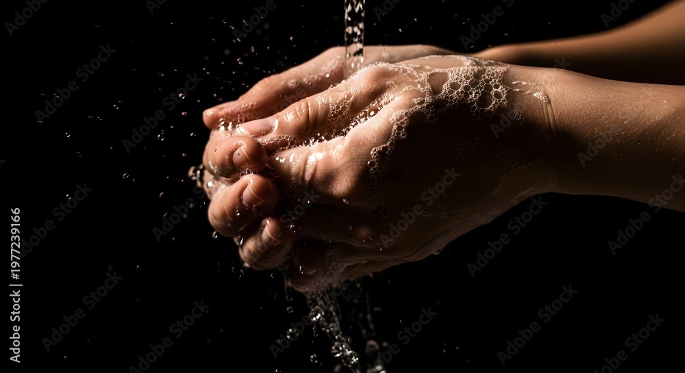 Fototapeta premium Hands clasped in prayer with water droplets dramatic lighting spiritual reflection