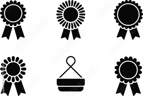 Six black rosette and award icons in a grid on a white background Keywords: rosette, award, ribbon