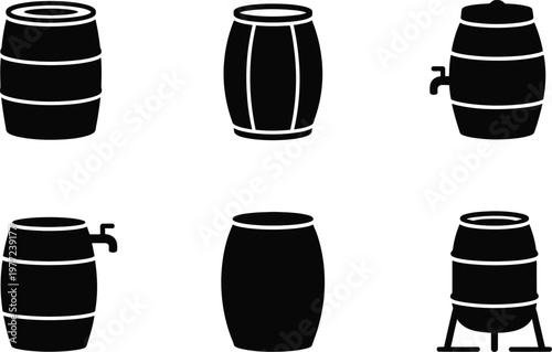 Six Black Silhouette Icons of Barrels and Kegs on White Background cask container