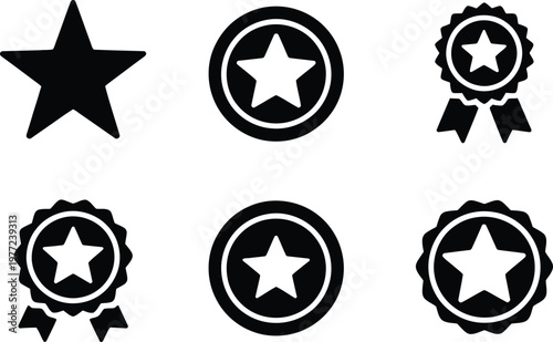 Six Black Silhouette Icons of Stars and Award Ribbons vector illustration