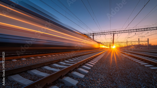 Modern High-Speed Train with Light Trails at Sunrise on Railway Track