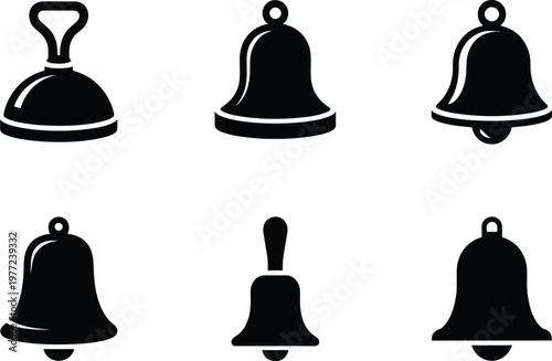 Six Black Silhouette Icons of Various Bell Shapes and Styles ringing sound