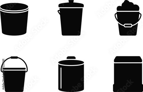 Six Black Silhouette Icons of Trash Cans and Buckets on White garbage can waste bin