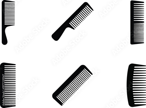 Six Black Silhouette Icons of Various Combs on a White Background hair comb hairbrush