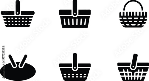 Six Black Silhouette Icons of Various Picnic and Shopping Baskets picnic basket